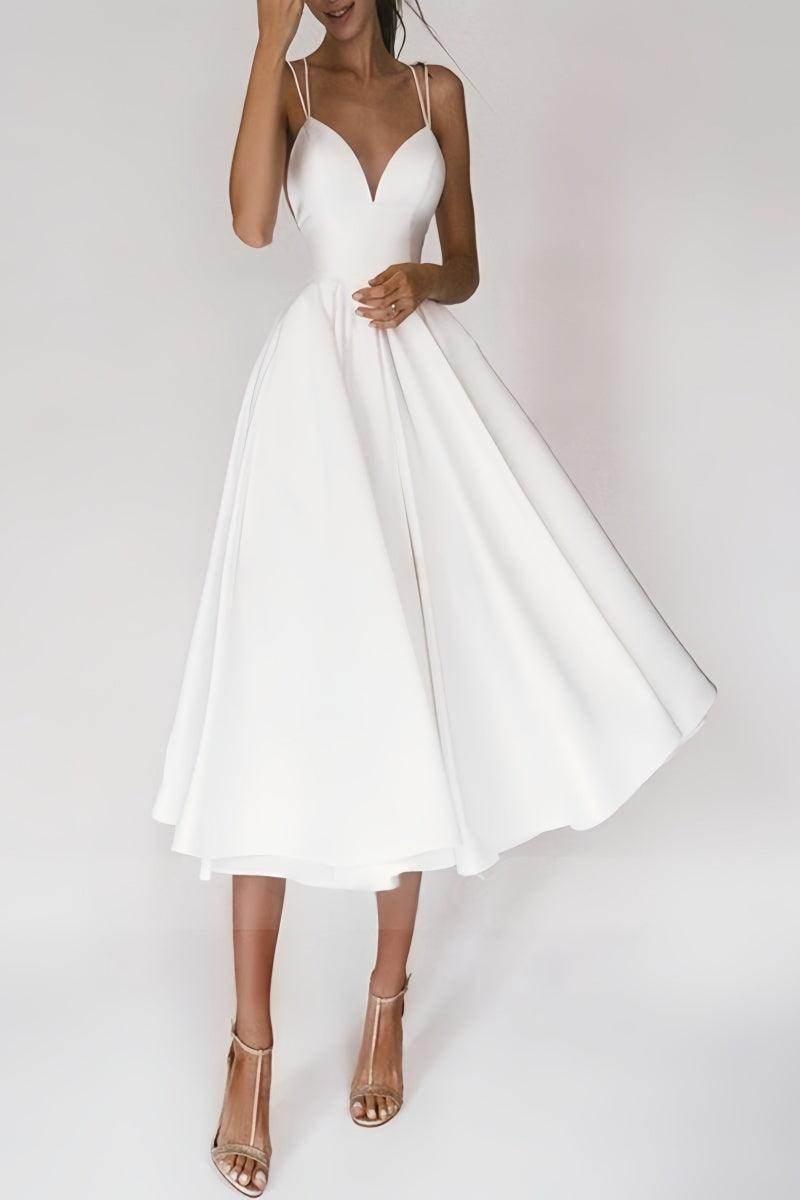 A-Line V-Neck Sleeveless Satin Tea-Length Dress CW3390 - COCOMELODY